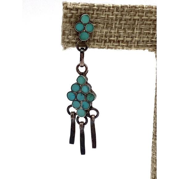ZUNI Dishta TURQUOISE DOT INLAY EARRINGS Sterling Silver Vintage RARE Tribal - Picture 8 of 11